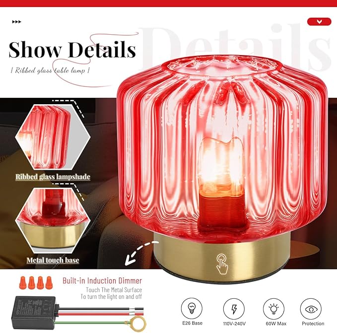 Red Glass Table Light Touch Table lamp Mid Century Modern Table lamp Gold Desk lamp nightstand lamp Vintage Table Lamps Small Table Lamp for Bedside end Table Bedroom Living Room Office