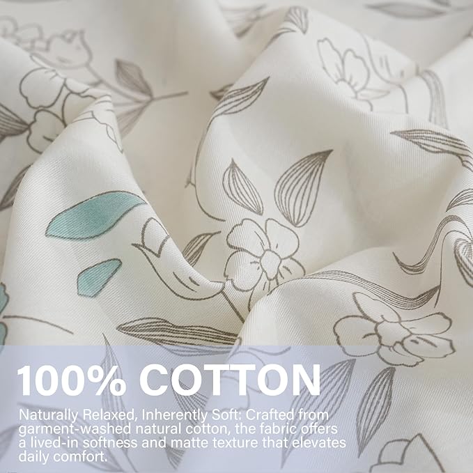 100% Cotton Floral Duvet Cover Set Queen Size Ultra Soft Breathable Blue Floral Grey Leaves Bedding Set for Women with Zipper Closure 3 Pcs Chic Reversible Duvet Cover for All Season
