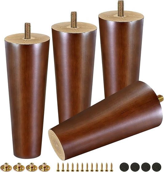 FoDau770 Brown Rubber Wood Furniture Legs 7 Inches, Straight Tapered Wood Feet Mid Century Sofa Legs Set of 4, 5/16" UNC Furniture Feet Replacement Parts for Cabinet Couch Dresser Chair Ottoman Table