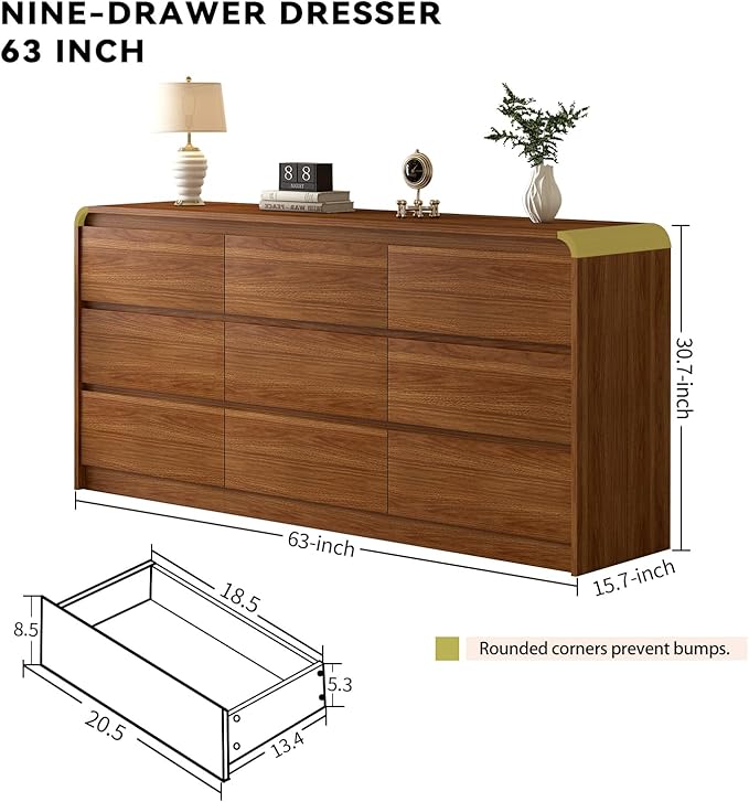 9 Drawer Dresser For Bedroom 63 Inch Wood Chest of Drawers - Curved Anti Collision, Mid Century Dresser For Closet with Natural Texture & Pre-Embedded Slots for TV Stand, Living Room, Nursery