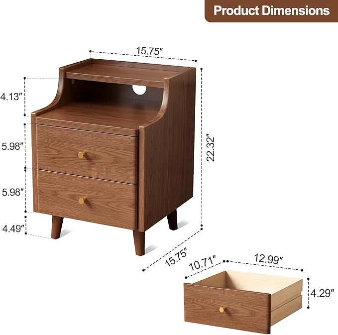 Narrow Nightstand with 2 Drawers,Walnut Nightstand,Bedside Table,Solid Wood Modern Bedside Table for Bedroom,Study,Toilet