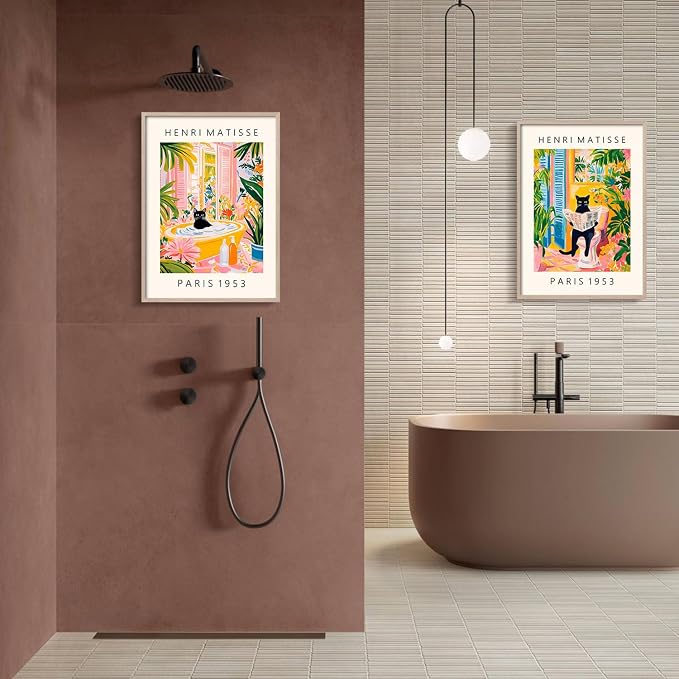 2Pcs Wood Framed Matisse Black Cat Wall Art Decor Painting Modern Art Canvas Print Vintage Color Poster Bathroom Bedroom Living Room Wall Decor Gallery Style Home Artwork 12X16 Inch