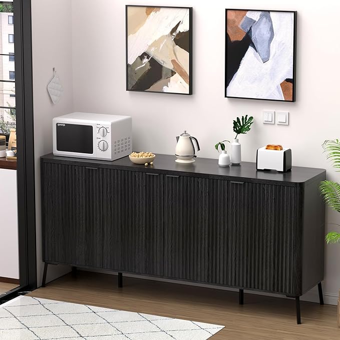 Buffet Cabinet, 63" Large Sideboard Buffet Cabinet with Storage, Modern Fluted Sideboard with 4 Doors, Wood Credenza Coffee Bar Storage Cabinet, for Living Room, Kitchen, Hallway, Black