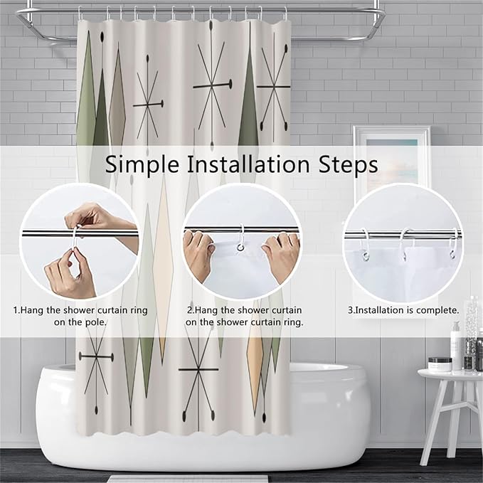 Boho Mid Century Shower Curtain Vintage Abstract Green Diamond Geometric Atomic Starburst Pattern for 1950s Retro Bathroom Decor Accessories Shower Curtain Set with 12 Hooks, 65x72 Inches