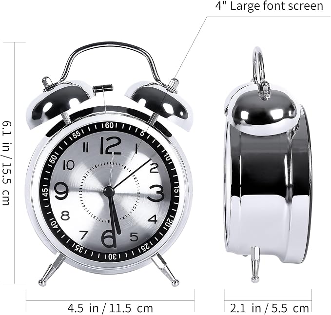 pxy Loud Alarm Clock for Heavy Sleepers 3D Dial Battery Operated (Battery Include), 4" Super Silent Analog Alarm Clock for Kids with Night Light PT260 Silver OrangePT260 Silver White