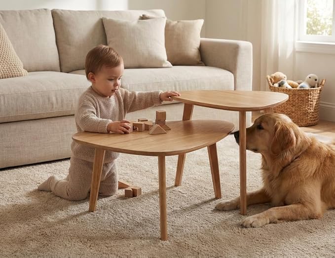 Nesting Coffee Table Set of 2-Mid Century Modern Wooden Coffee Table,Guitar Pick Stacking Tables with Solid Wood Legs,Small Coffee Tables for Small Spaces,Living Room,Balcony (Natural)