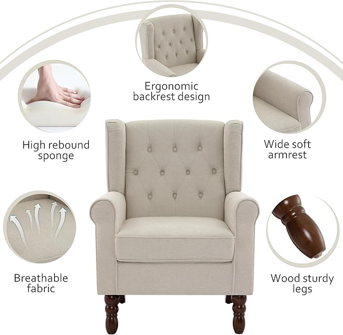 Accent Chairs Set of 2, High Back Upholstered Chair with Button Tufted, Mid-Century Modern Comfy Wingback Chair Reading Armchair in Fabric for Living Room for Bedroom, Office-Beige