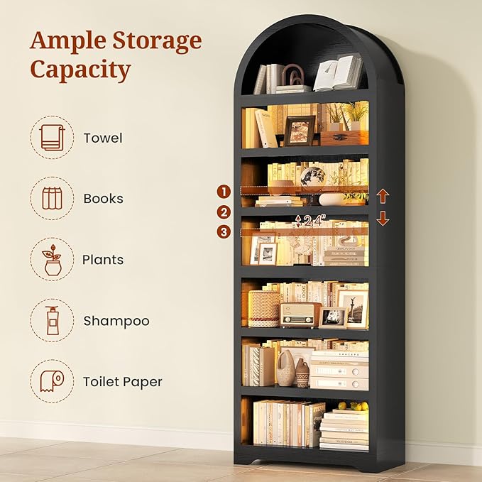 79.4"Tall Arched Cabinet,Bookcase with storage,Mid-Century Modern 7-Tier Bookshelf with RGB Light,2 Book Risers,Adjustable Shelf offering more space for Living Room,Kitchen,Home Office (Black)