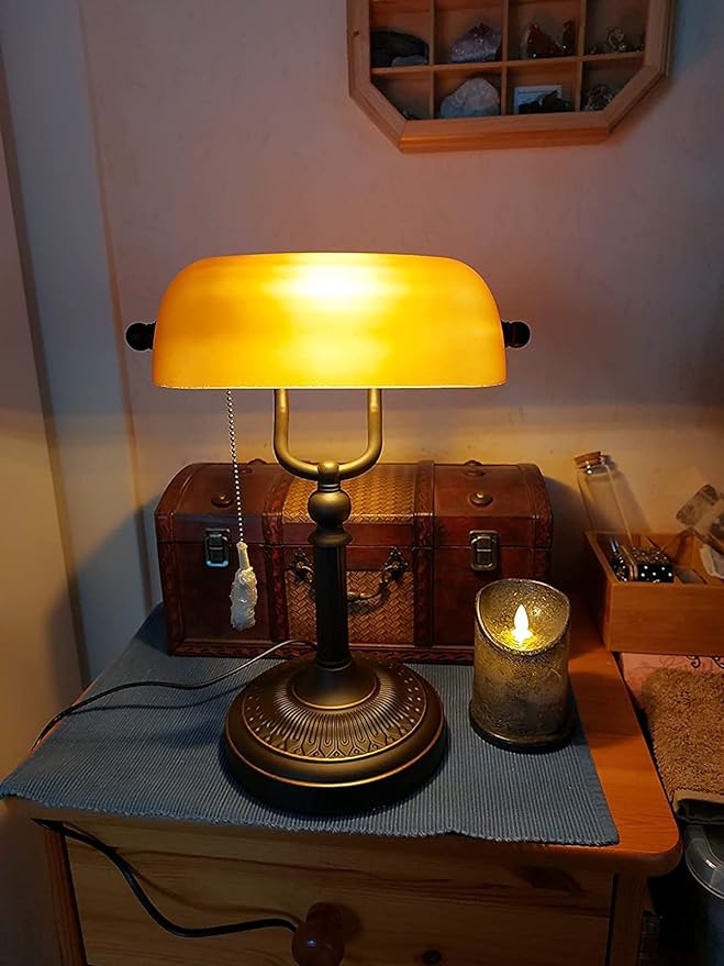 Newrays Matted Orange Glass Bankers Desk Lamp with Pull Chain Switch Plug in Fixture