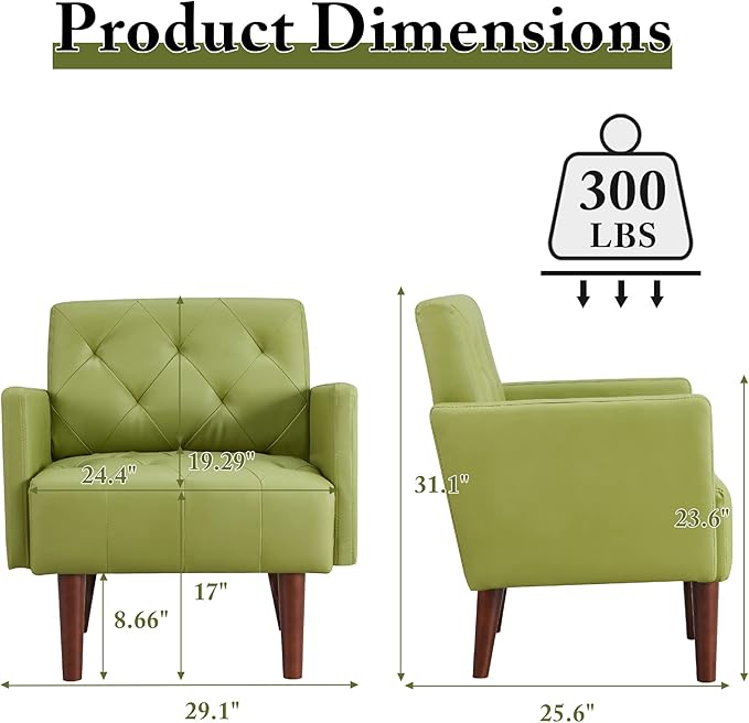 Faux Leather Accent Chair Modern PU Armchair, Retro Tufted Upholstered Arm Chair, Comfy Leather Club Chair Single Sofa for Living Room, Bedroom, Reading Room, Apartment(Green)