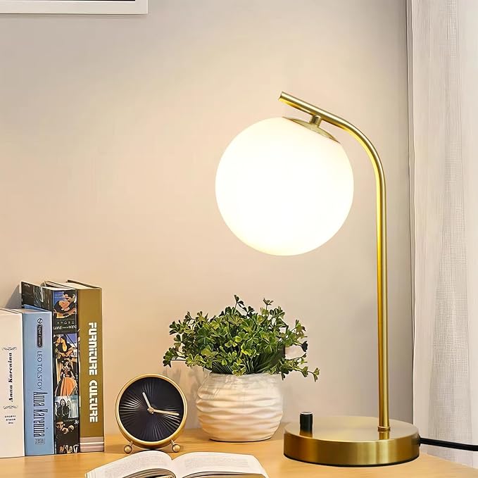 Gold Globe Dimmable Table Lamp Minimalist Nightstand Lamps Mid Century Modern Desk Lamp with Milk White Glass Shade Metal Base for Dorm, Living Room Bedroom, Office,Kids Room (Tall)