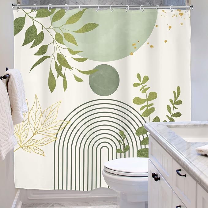 Riyidecor Light Green Mid Century Boho Shower Curtain for Bathroom Decor 72Wx72H Modern Bohemian Eucalyptus Leaves Arch Plants Gold Art Printed Fabric Polyester Waterproof 12 Pack Plastic Hooks