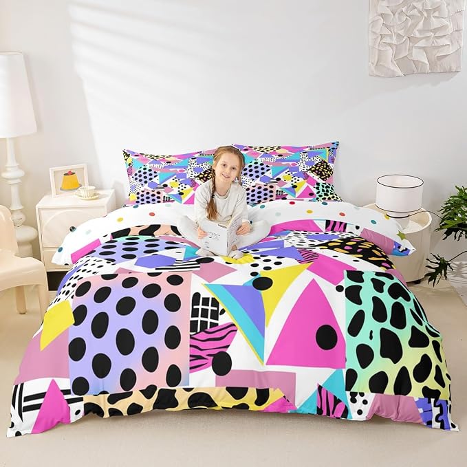 80s 90S Fashion Style Bedding Set Twin Size,Retro Memphis Style Pattern with Geometrical Shapes Duvet Cover for Kids Child,Funky Hipster Old Fashioned Comforter Cover Geometric Bedroom Decor