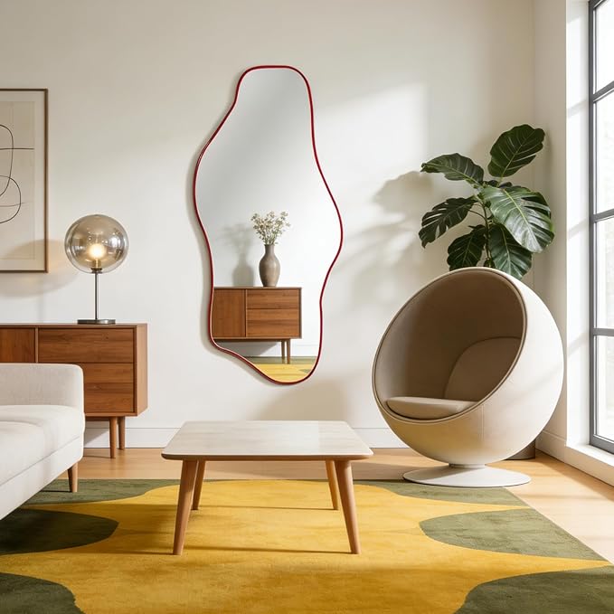 Large Irregular Wall Mirror, 63"x30" Red Asymmetrical Tempered Glass Mirror, Frameless Organic Shaped Mirrors for Entryway Hallway Bedroom Living Room, Horizontal or Vertical Hanging