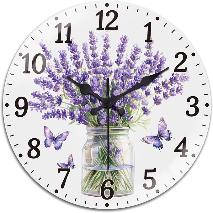 peacoblue Wall Clocks Battery Operated 12 Inch Lavender with Butterflies 12" Glass Round Wall Clock Non Ticking for Kitchen Living Dining Room Bedroom and Bathroom Decor (Battery not Included)