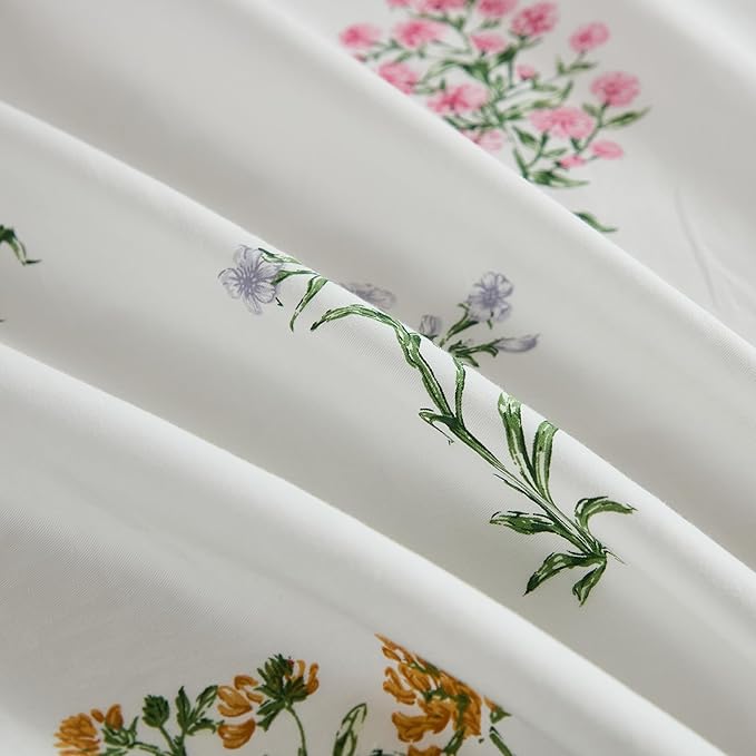 100% Washed Cotton Duvet Cover King Size - Linen Like Reversible Durable Soft Floral Duvet Cover Sets, 3 Pieces White Comforter Cover with Zipper Closure