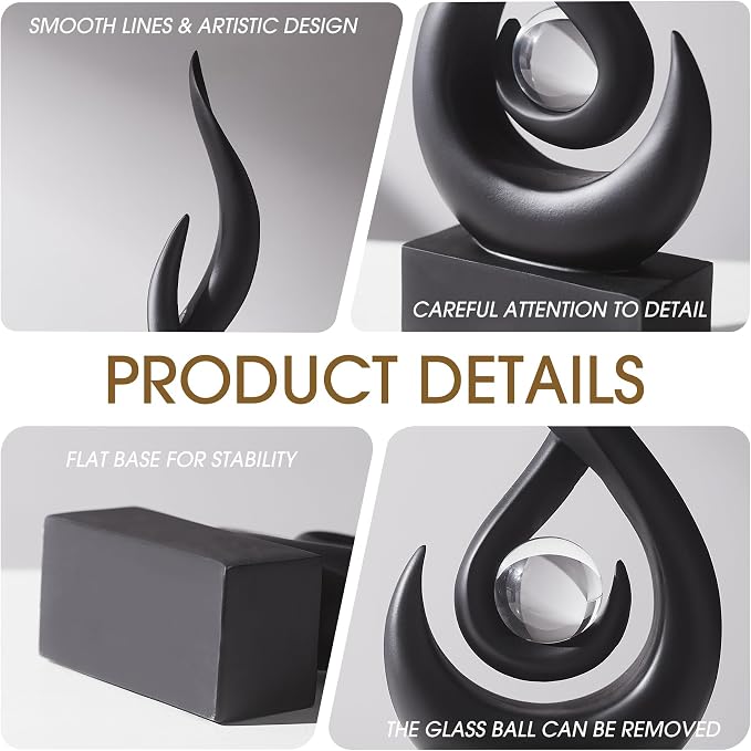 FJS Black Decor Modern Flame Statue Home Decorations for Living Room, 13.7" H Resin Sculptures Home Décor Accents, Abstract Art Sculpture for Dining Room Office Coffee Table Centerpiece