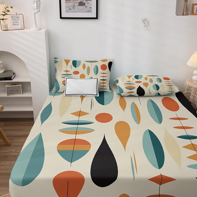 Mid Century Modern Sheets Split King Size, Abstract Geometric Bed Sheet Set, Contemporary Bedding Sheet Sets 5 Piece, Soft Microfiber Deep Pocket 2 Fitted Sheet & Flat Sheet & 2 Pillowcases