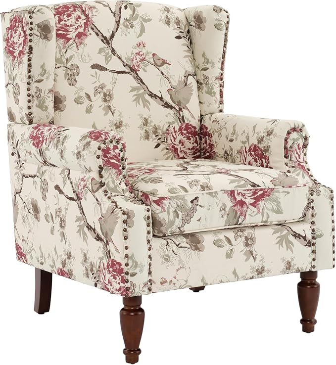 High Back Accent Chairs Set of 2, Floral Wingback Chair Fabric Upholstered Armchair for Living Room, Nailhead Trim Single Sofa Bedroom Reading Seat - Beige