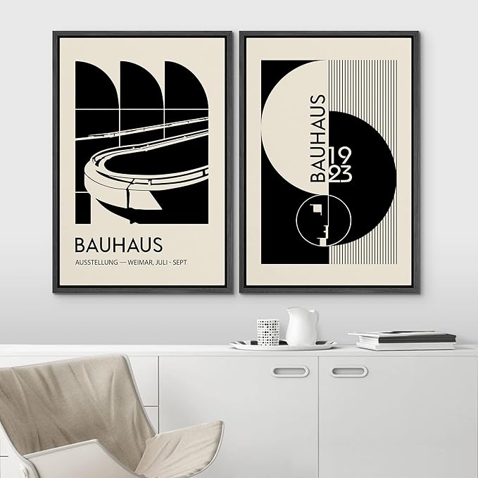 IDEA4WALL Framed Canvas Print Wall Art Set Bauhaus Geometric Black Architecture Circles Abstract Shapes Illustrations Modern Art Decorative for Living Room, Bedroom, Office - 24"x36"x2 Black