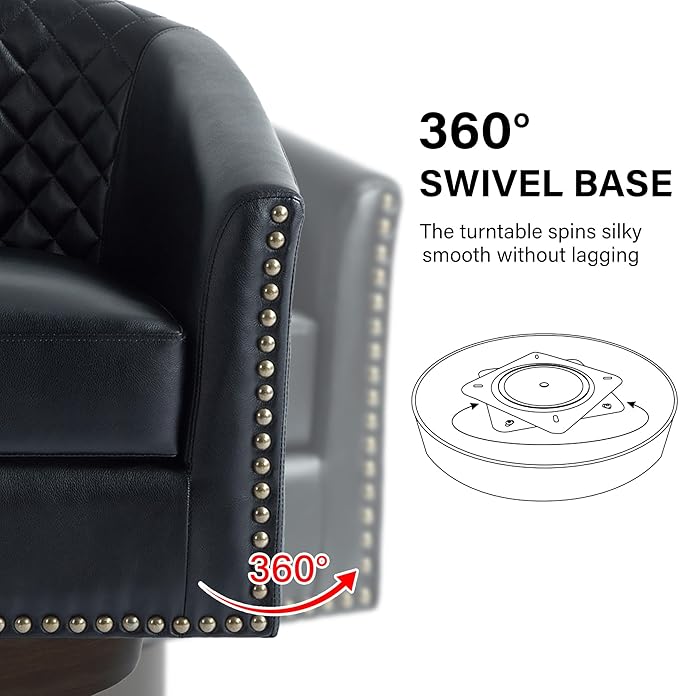 Swivel Barrel Accent Chair, Comfy Modern Upholstered Round Faux Leather Arm Chair for Living Room, Bedroom-Black, Set of 2