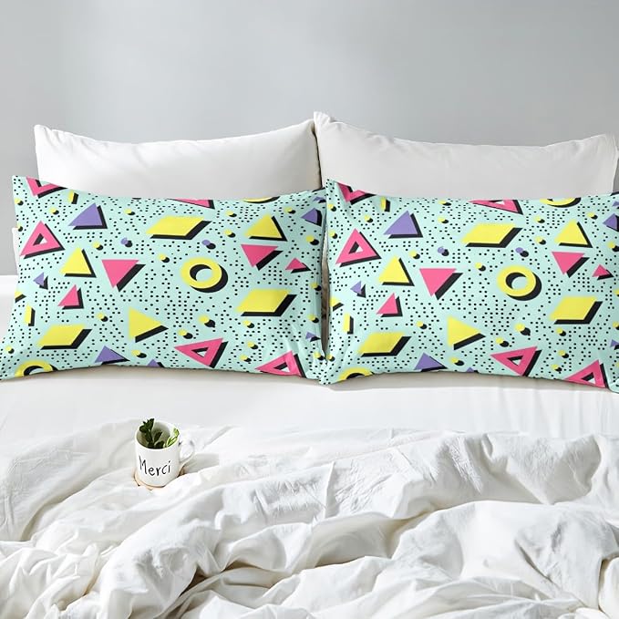 Memphis Geometric Pattern Comforter Cover Set King Size,Retro Style Round Half Moon Triangle Shapes Artwork Duvet Cover Colorful Graphic 80s 90S Style Bedding Set Abstract 1990S Memphis Home Decor