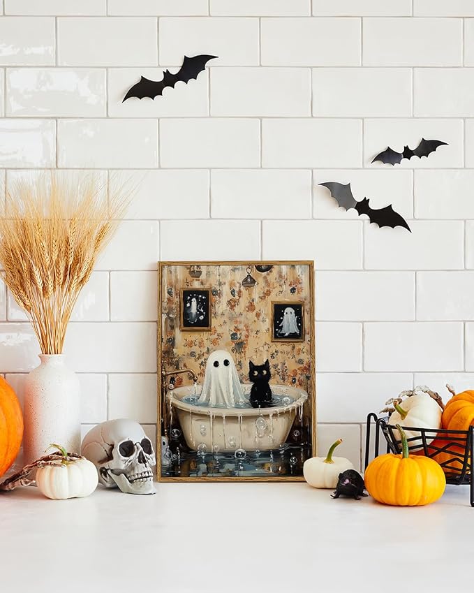 ARPEOTCY Vintage Framed Canvas Wall Art, 12x16 Inch Ghost & Cat Halloween Bathroom Wall Art, Retro Print Artwork for Living Room Gallery, Vintage Spooky Picture Home Decor Aesthetic