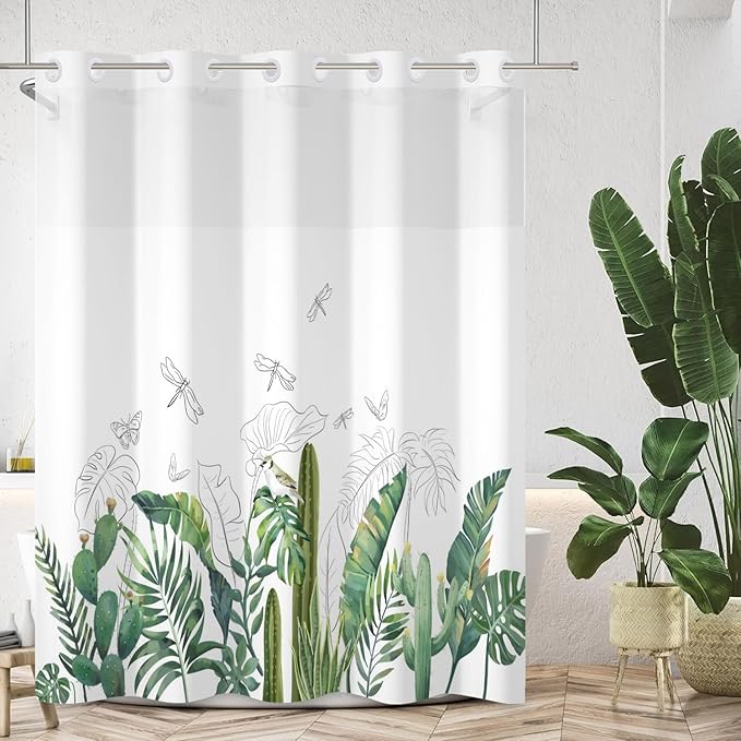 No Hook Shower Curtain with Snap in Fabric Liner Tropical Green Plant Shower Curtains for Bathroom Leaf Botanical Sage Green Shower Curtain Sets Waterproof Bathtub Curtain 71x74 Inch