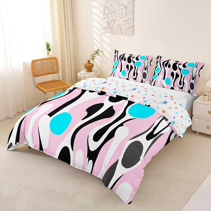 Erosebridal Mid Century Modern Abstract Duvet Cover Set Vintage Geometric Twin Bedding Sets for Girls Children Boys Contemporary Organic Shapes Comforter Cover Squiggle Blob Bed Set,Light Pink Cyan