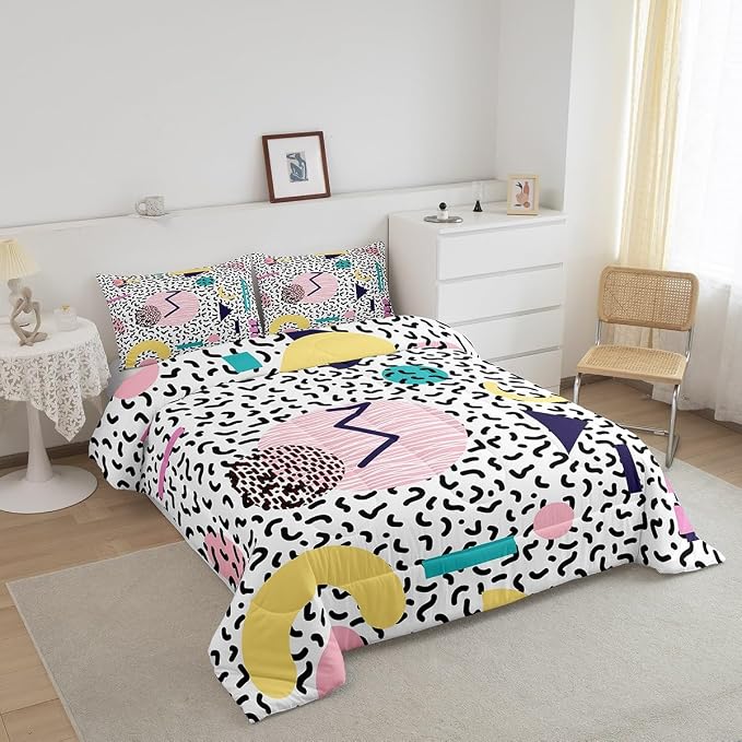 Manfei Memphis Comforter Set Twin Size, Vintage Hip Hop Quilt Set with 1 Pillowcase, Retro 80s or 90s Geometric Fashion Style Bedding Set 2pcs for Kids Boy Girls Lightweight Duvet Insert