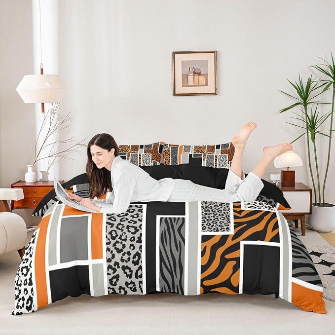 Erosebridal Leopard Print Bedding Set Full Cheetah Zebra Stripes Fur Print Duvet Cover Orange Geometric Square Patchwork Comforter Cover for Kids Teen Adults,Rustic Wild Animals Skin Texture Bed Set