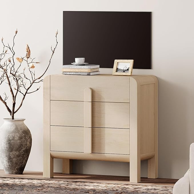 WAMPAT Sideboard Buffet Cabinet with Storage with 3 Drawers,Modern French 31.5" W Buffet Cabinet with Storage,Wood Coffee Bar Cabinets with Curved Edge Design for Kitchen Living Room,Light Oak