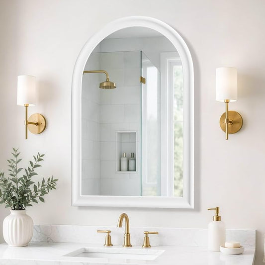 Arched Bathroom Mirror 24x 36 Inch, White Framed Decorative Wall Mount Mirror with Tempered Glass for Entryway, Living Room, Bedroom, Hallway Fireplace Mantel Decor