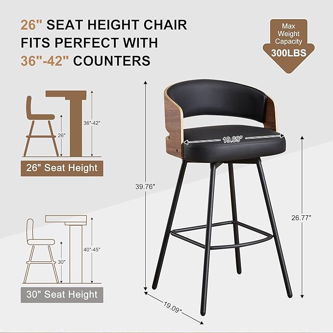 Swivel Bar Stools Set of 2, 26" Counter Height Bentwood Barstool, Upholstered Faux Leather Barstools with Walnut Back, Mid Century Modern Bar Chairs for Kitchen Island, Bar