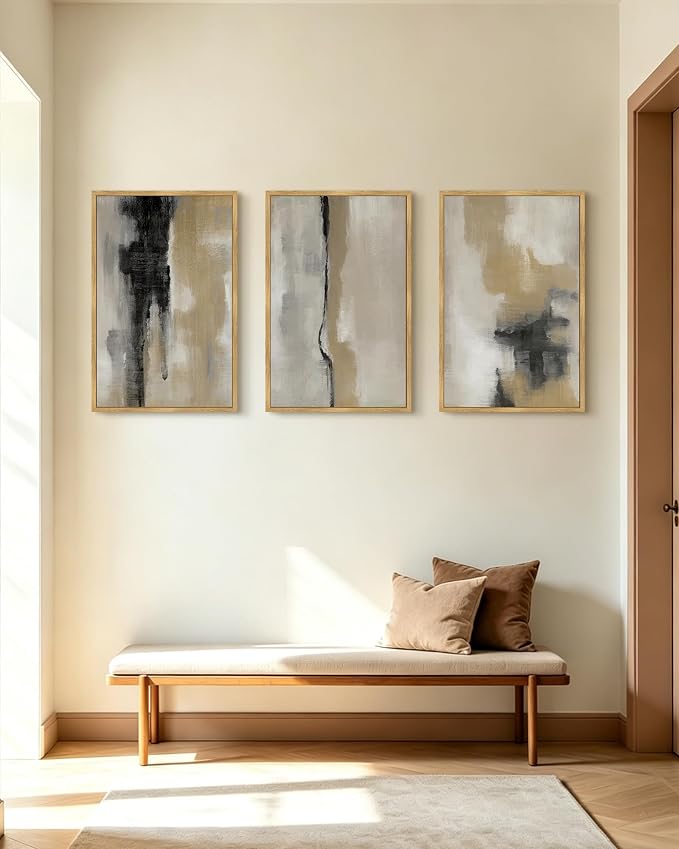 KUVIOKE Black Abstract Framed Wall Art Neutral Graffiti Pastel Minimalist Wall Decor Modern Art Painting for Bedroom Living Room 24x36in (Natural Framed)