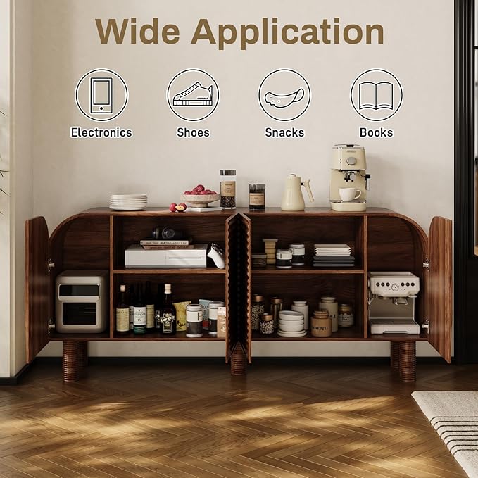 Rophefx 71" Curved Sideboard Cabinet, Large Buffet Sideboard Cabinet with Arched Textured Doors, 4 Doors Credenza with Anti-Tip Device Storage Cabinet for Kitchen, Living Room, Entryway (Walnut)