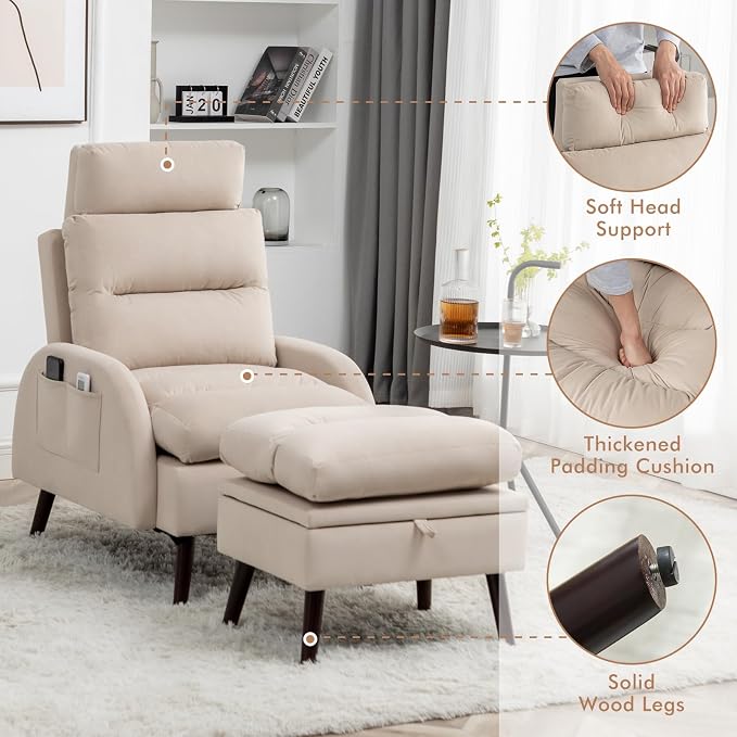 HCHAIRH Accent Chair with Ottoman, Comfy Reading Chair and Ottoman Set, Modern Oversized Lounge Armchair with Adjustable Backrest for Living Room Bedroom, Velvet Khaki