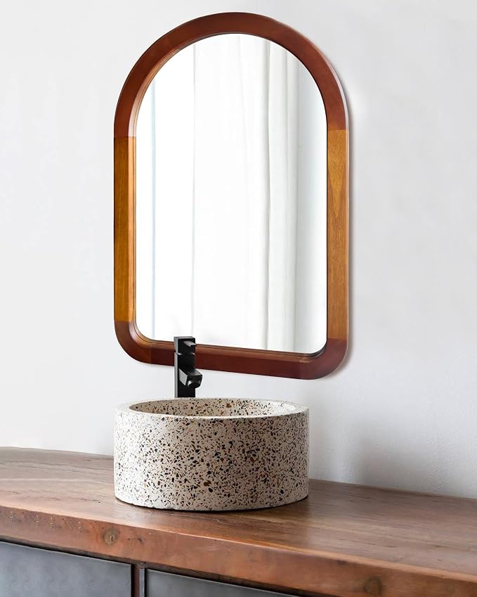 Arched Mirror 22 x 30 Inch,Brown Wood Rustic Bathroom Tempered Wall Mirror with Wood Frame,Round Corner Arch Farmhouse Wooden Vanity Mirror for Living Room,Entryway or Bedroom（Walnut Brown）