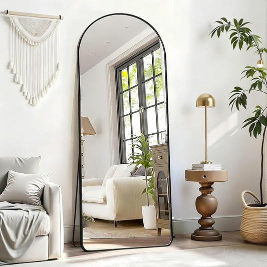 Degfig Arched Full Length Mirror, 64"X21" Floor Length Mirror with Aluminum Alloy Frame, Full Body Mirrors with Stand, Hanging or Leaning Mirrors for Living Room, Bedroom, Black,Round Corner
