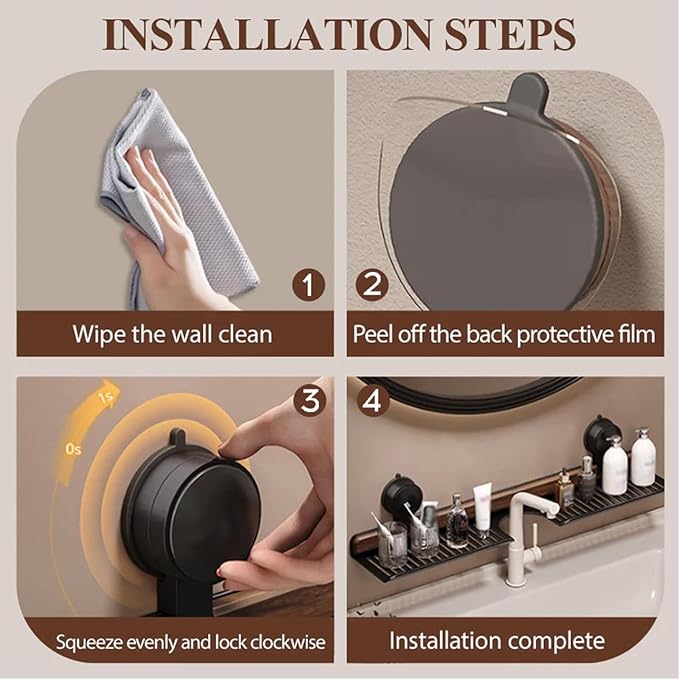 Walnut Bathroom Suction Cup Shelf - Wall Mounted Sink Shelf Over Faucet for Bathroom & Kitchen, Removable Suction Cup Sink Over Faucet Organizer, Floating Storage Countertop Shelves (Black_60CM)
