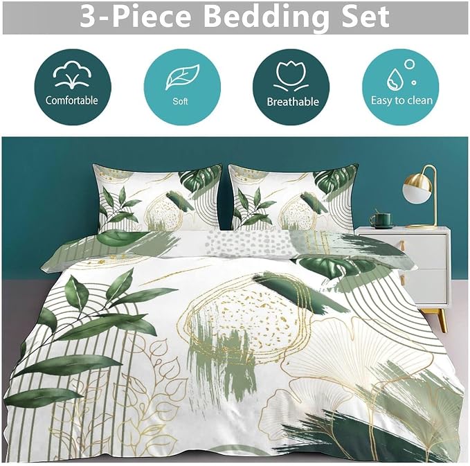 Boho Leaf Bedding Set,Mid Century Palm Tropical Leaf Abstract Geometric Modern Minimalism Green Comforter Set with Pillowcase for Bedroom Bed Decor,Full 79"x90"