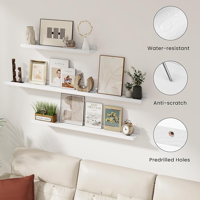 Solid Ash Wood Picture Ledge Shelf, Wood Floating Shelves Set of 2, 48 Inch Long Large Photo Ledge Shelves, Nursery Book Shelves Wall Mounted for Living Room Kids' Bedroom Decor, White