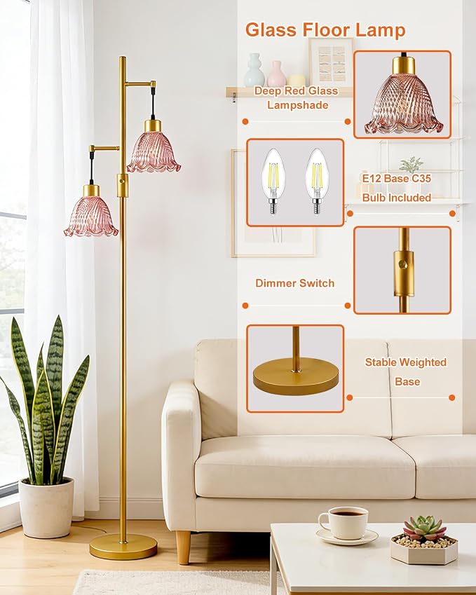 2-Light Modern Glass Floor Lamp, Gold Tall Standing Lamp with Deep Red Bell Glass Shade for Reading, Dimmable LED Floor Lamp with 5Lbs Heavy Base for Living Room Bedroom Home Decor, Bulb Included
