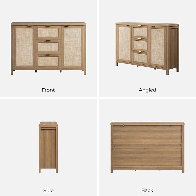SICOTAS Rattan Sideboard Buffet Cabinet with Storage - 52" Larger Farmhouse Credenza Storage Coffee Bar Cabinet with 3 Drawers & 2 Doors, Boho Console Table for Living Room, Kitchen, Caramel Oak