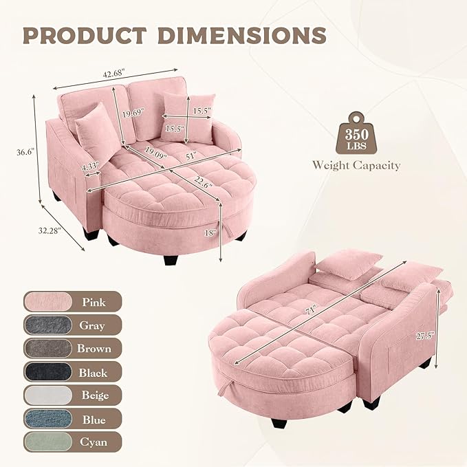 Oversized Curved Chaise Lounge Chair Indoor with Ottoman, 54.8" Cloud Boneless Reading Chair Soft Chenille Circle Couch w/Adjustable Backrest for Living Room, Apartroom, Bedroom, Pink