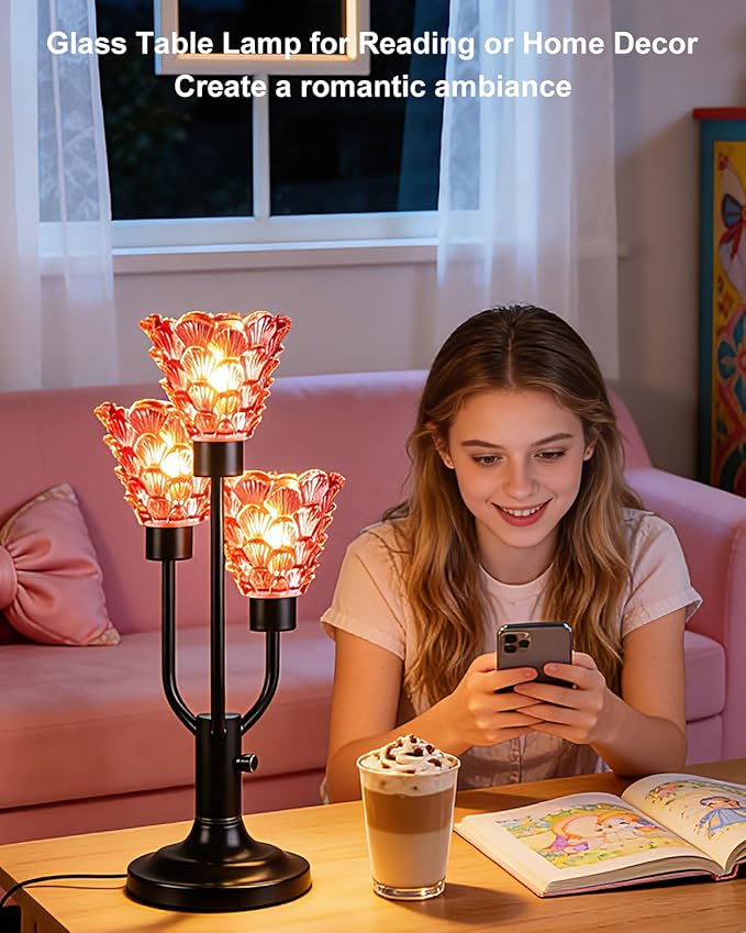 Lightdot Vintage Mid Century Modern Table Lamp for Living Room Dimmable Nightstand Lamp Red Glass Black Desk Lamp 3 Bulbs Included Warmwhite Ambient Bedside Lamps for Bedroom Home Office Decor Gift