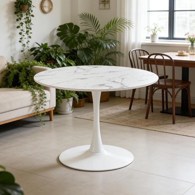 KEIKI 42.1" Round Dining Table, Mid Century Modern Bistro Table with Thickened MDF Tabletop & Metal Pedestal, for 4-6 People, Small Places, Cafe, Kitchen, Living Room, Faux Marble White