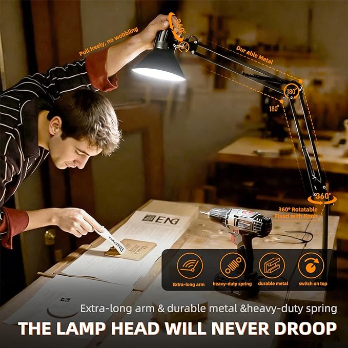 2 Pack LED Desk Lamp With Clamp for Office Home, Eye-Caring Desk Light with 360°Adjustable Extra Tall Metal Swing Arm, High Intensity Clamp w/A19 E26 Bulb for Working Reading, Table Lamps White Light
