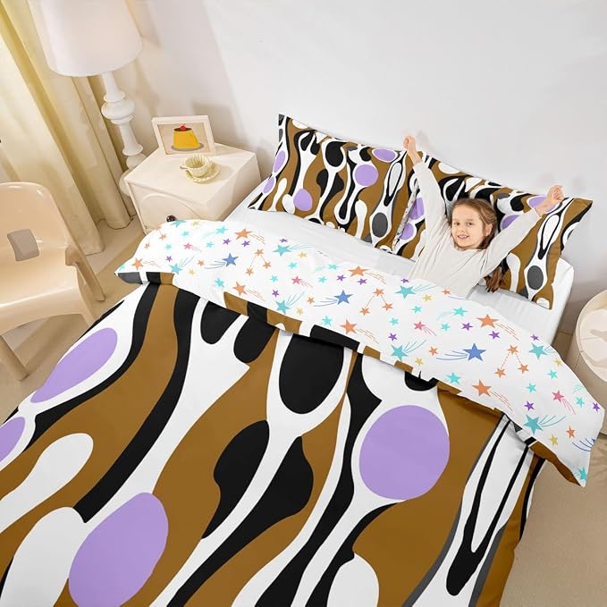 Erosebridal Organic Abstract Duvet Cover Set Modern Contemporary Full Size Bedding Sets for Kids Boys Boho Mid Century Wavy Lines Comforter Cover Retro Geometric Bed Set,Brown Lavender