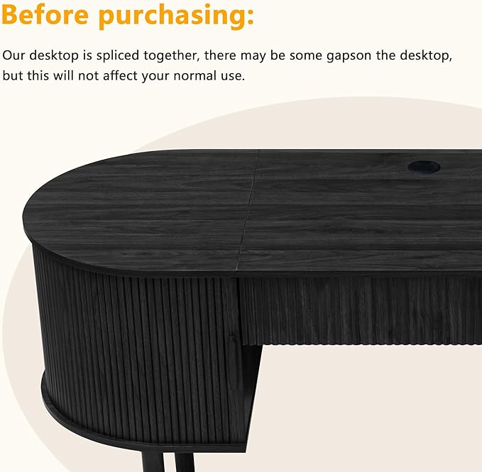 ORRD Home Office Oval Desk with Sliding Tambour Door and Drawer, Modern Fluted Wood Executive Computer Storage Desk for Study, Living Room, Bedroom, Office - Black